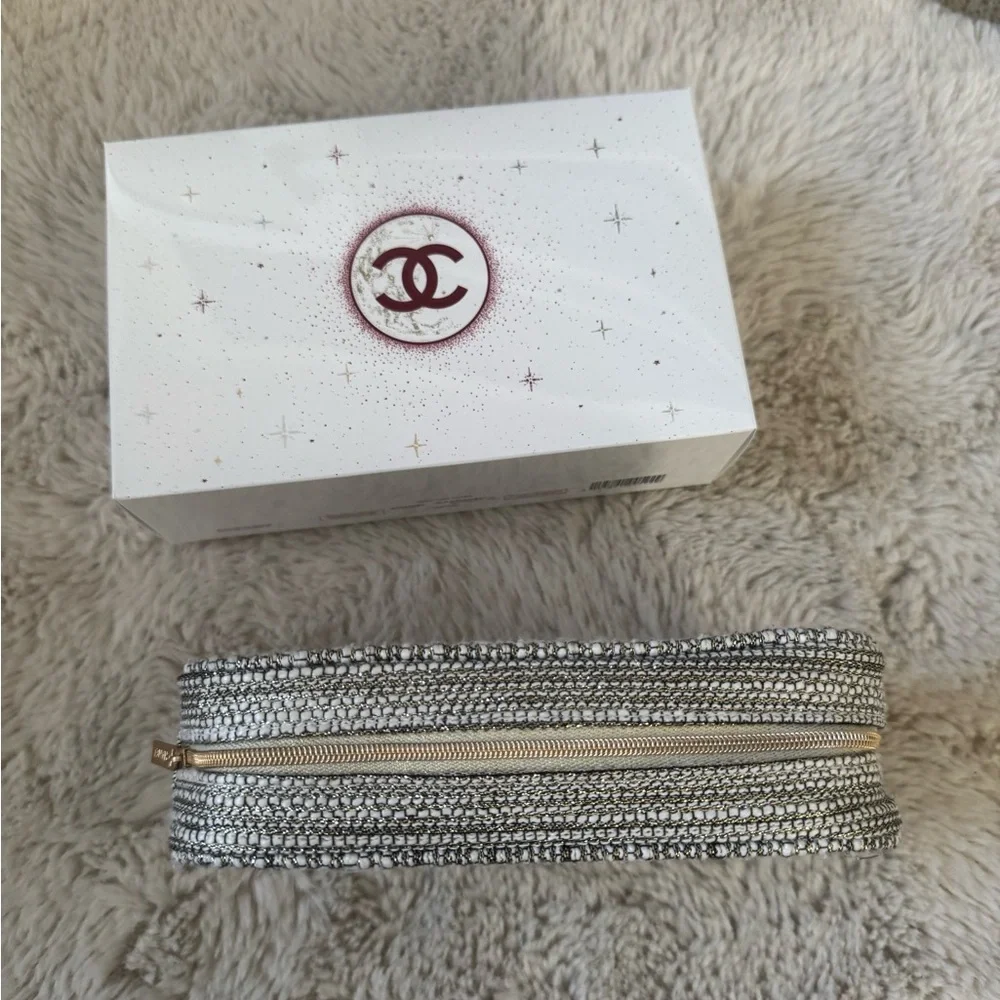 CHANEL 2022 Silver Gold Tweed Cosmetic Bag Pouch Holiday Limited Edition